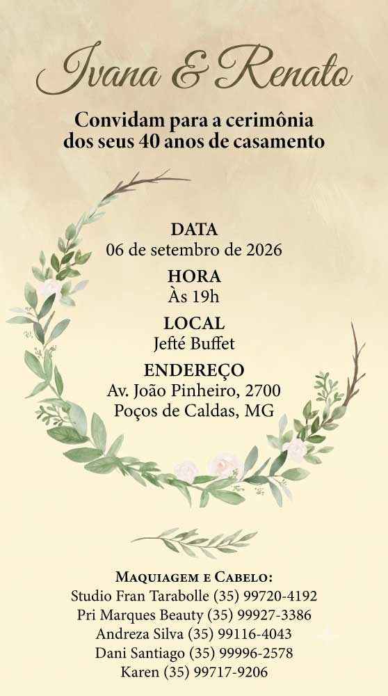 Convite de casamento de Ivana & Renato — 06 de setembro de 2026, às 19h, Jefté Buffet, Poços de Caldas, MG